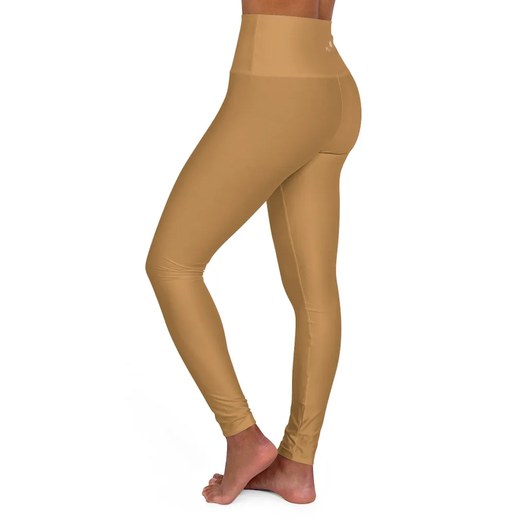 Beige Brown Women's Workout Pants, High Waisted Yoga Leggings, Solid Color Long Women Yoga Tights