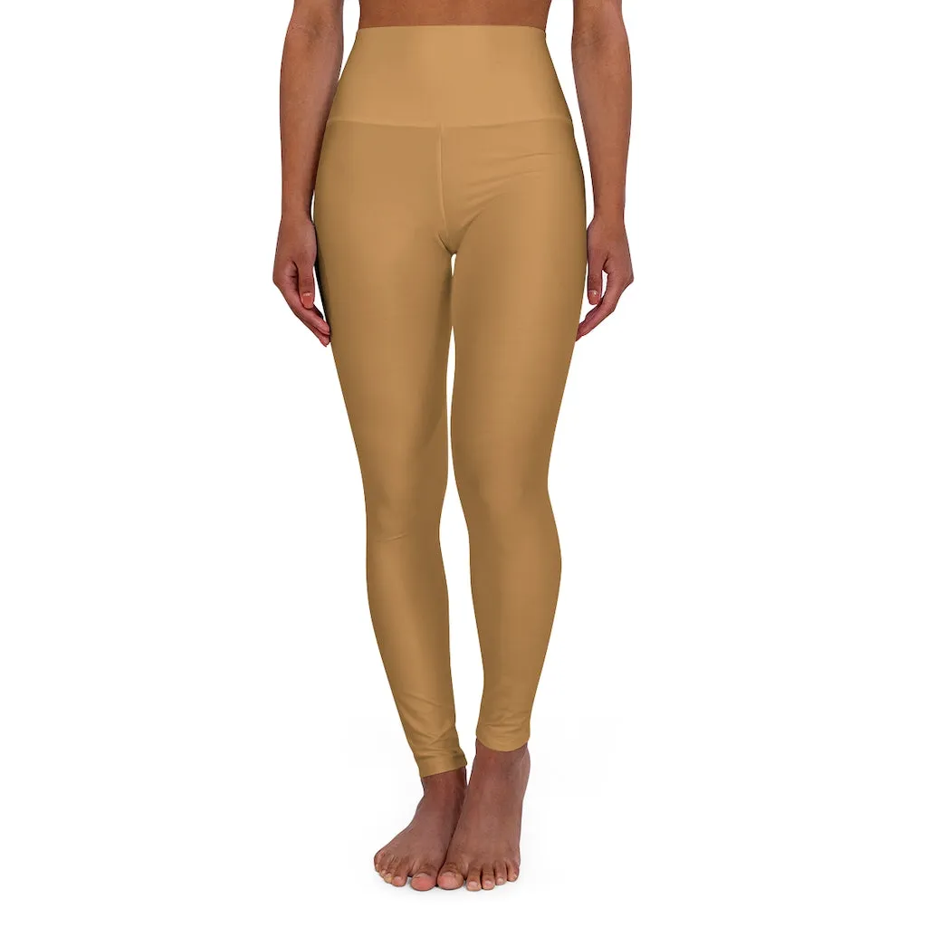 Beige Brown Women's Workout Pants, High Waisted Yoga Leggings, Solid Color Long Women Yoga Tights