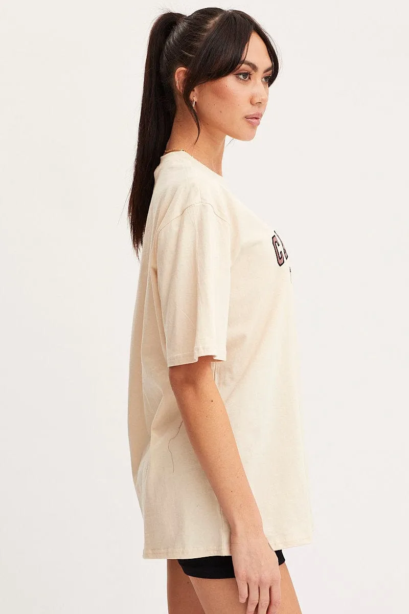 Beige Graphic T Shirt Short Sleeve Embroided