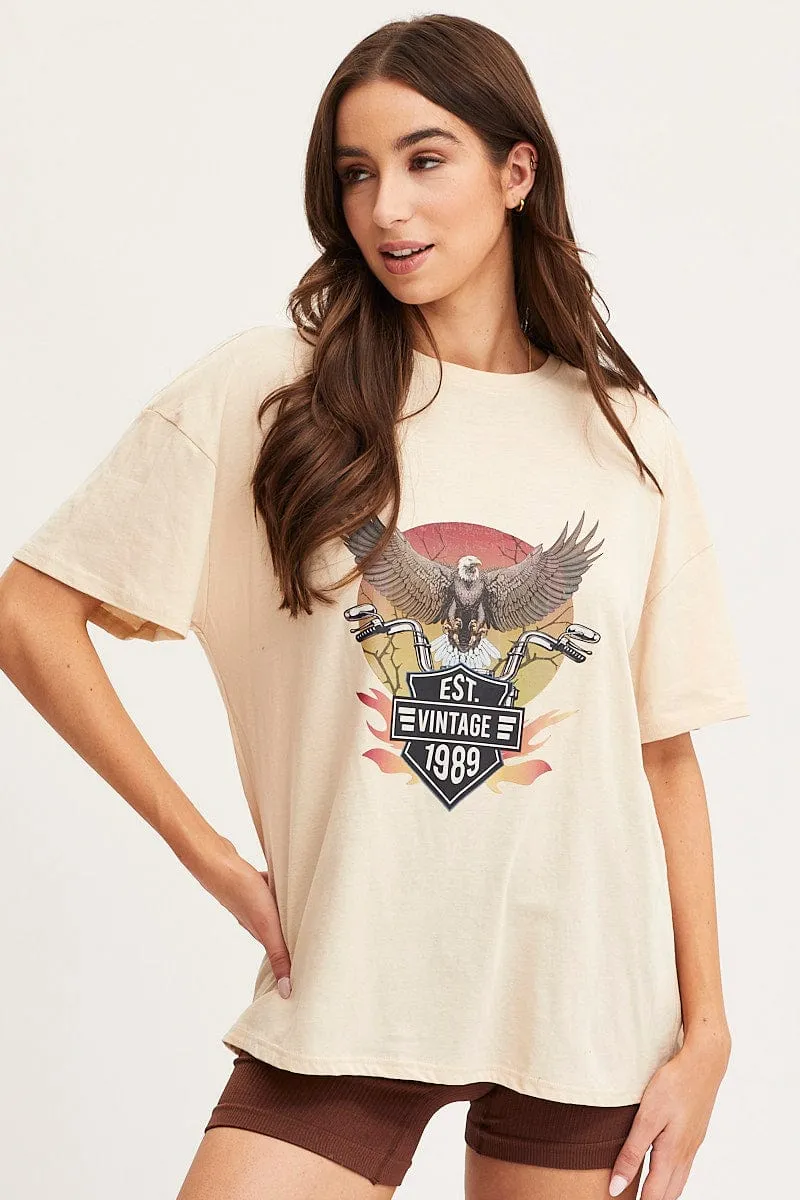 Beige Graphic T Shirt Short Sleeve