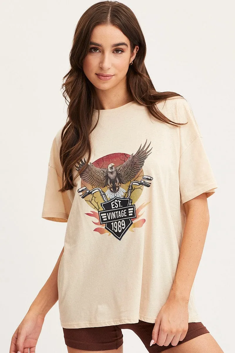 Beige Graphic T Shirt Short Sleeve