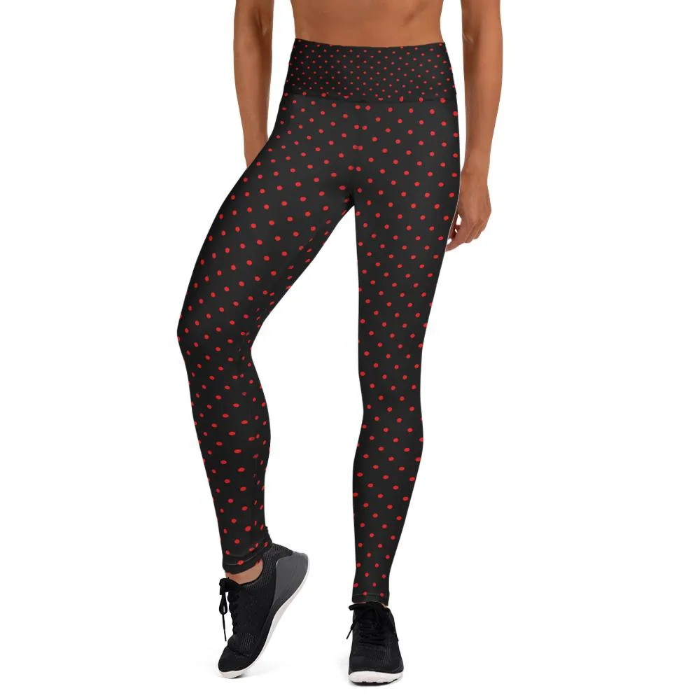 Black Beetles Women's Leggings, Polka Dots Long Yoga Pants Tights- Made in USA/EU