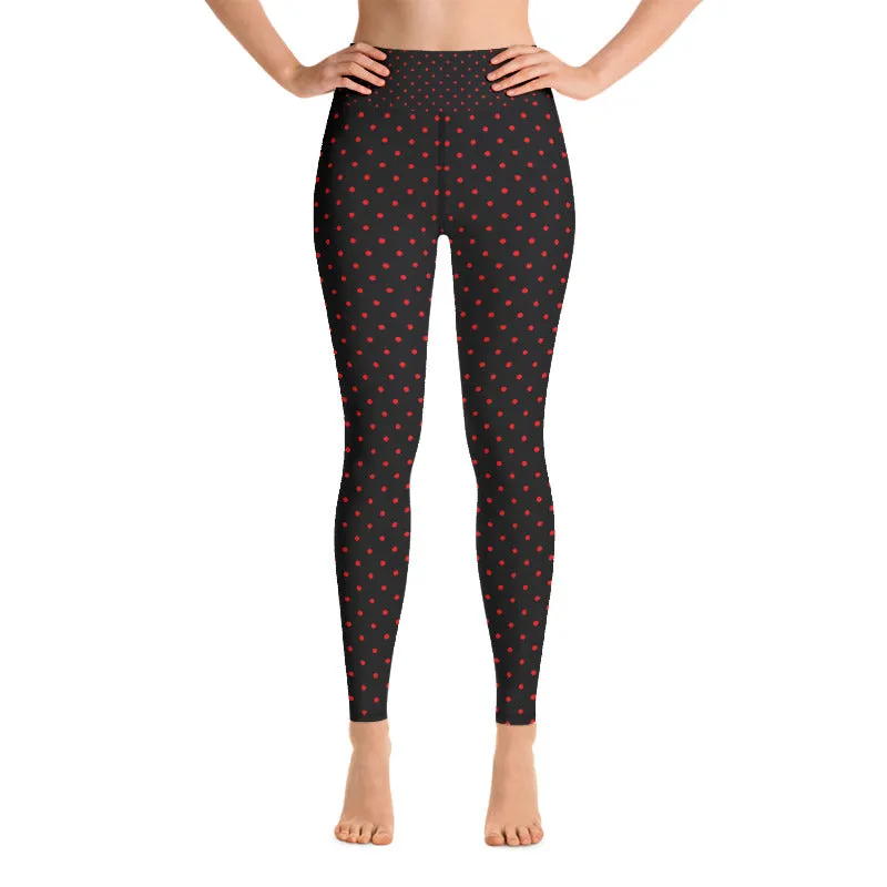 Black Beetles Women's Leggings, Polka Dots Long Yoga Pants Tights- Made in USA/EU