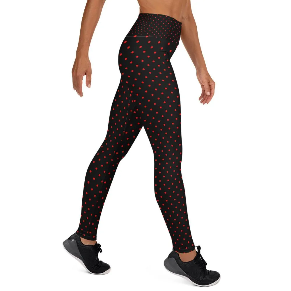 Black Beetles Women's Leggings, Polka Dots Long Yoga Pants Tights- Made in USA/EU