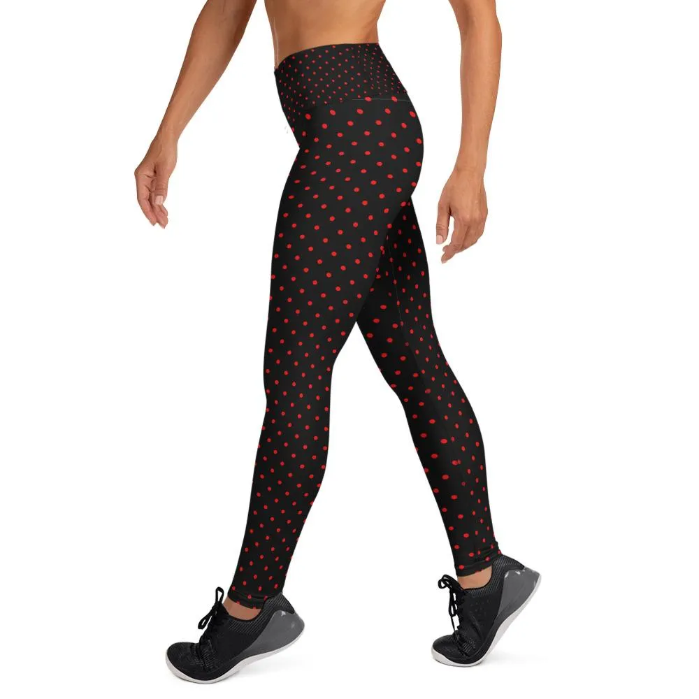 Black Beetles Women's Leggings, Polka Dots Long Yoga Pants Tights- Made in USA/EU