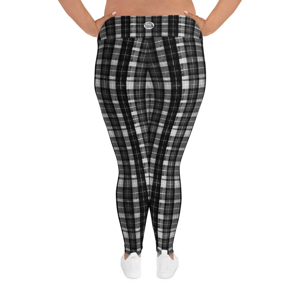 Black Plaid Plus Size Leggings, Tartan Scottish Print Women's High Waist Long Yoga Pants