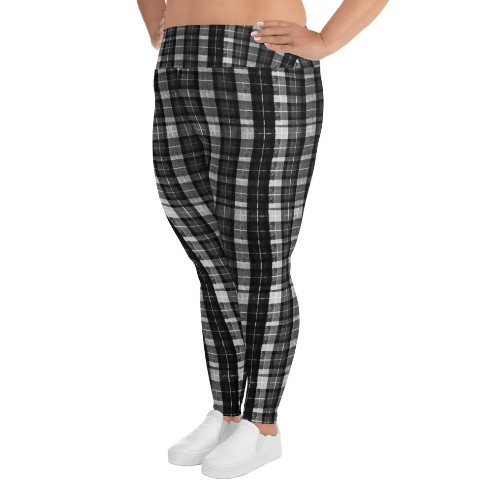 Black Plaid Plus Size Leggings, Tartan Scottish Print Women's High Waist Long Yoga Pants