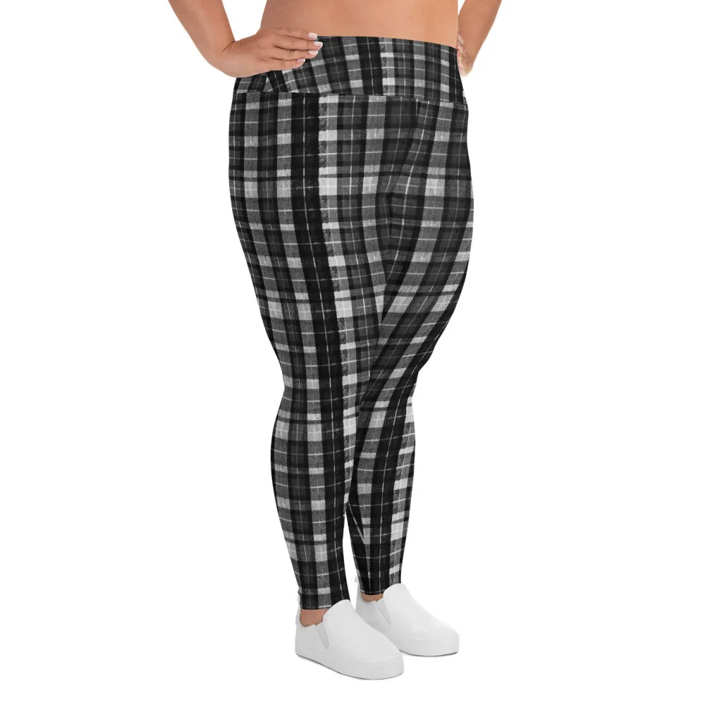 Black Plaid Plus Size Leggings, Tartan Scottish Print Women's High Waist Long Yoga Pants