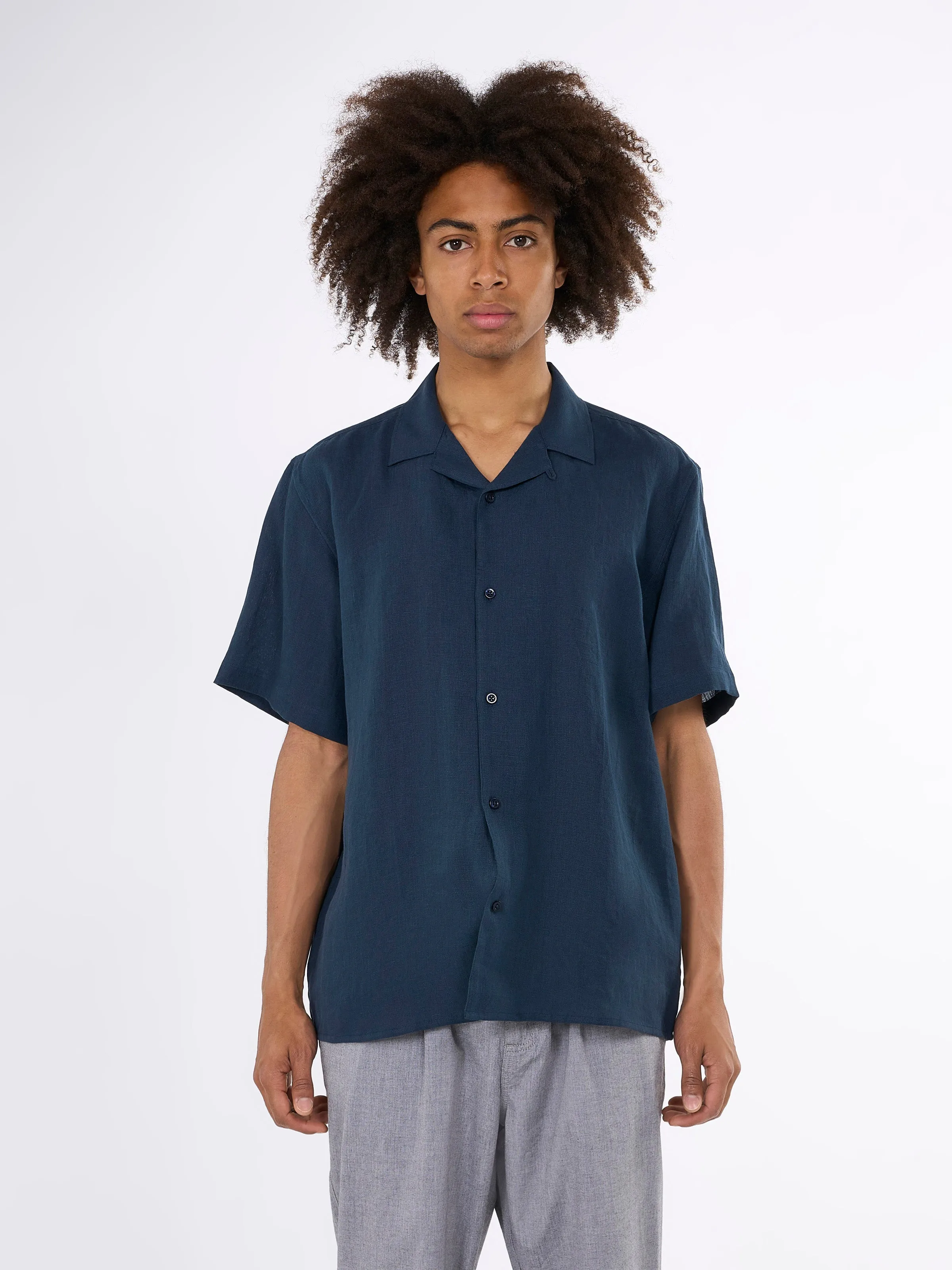 Box fit short sleeved linen shirt - Total Eclipse