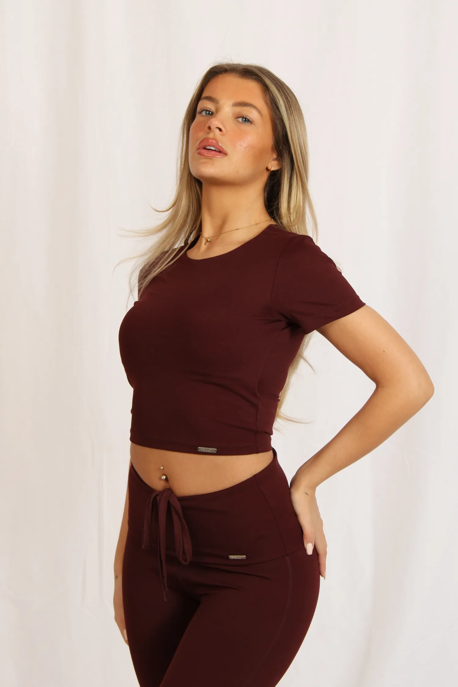 Cropped Built In Bra Short Sleeved Top Burgundy