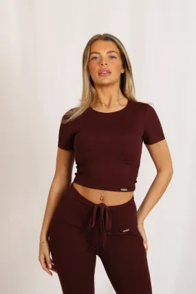 Cropped Built In Bra Short Sleeved Top Burgundy