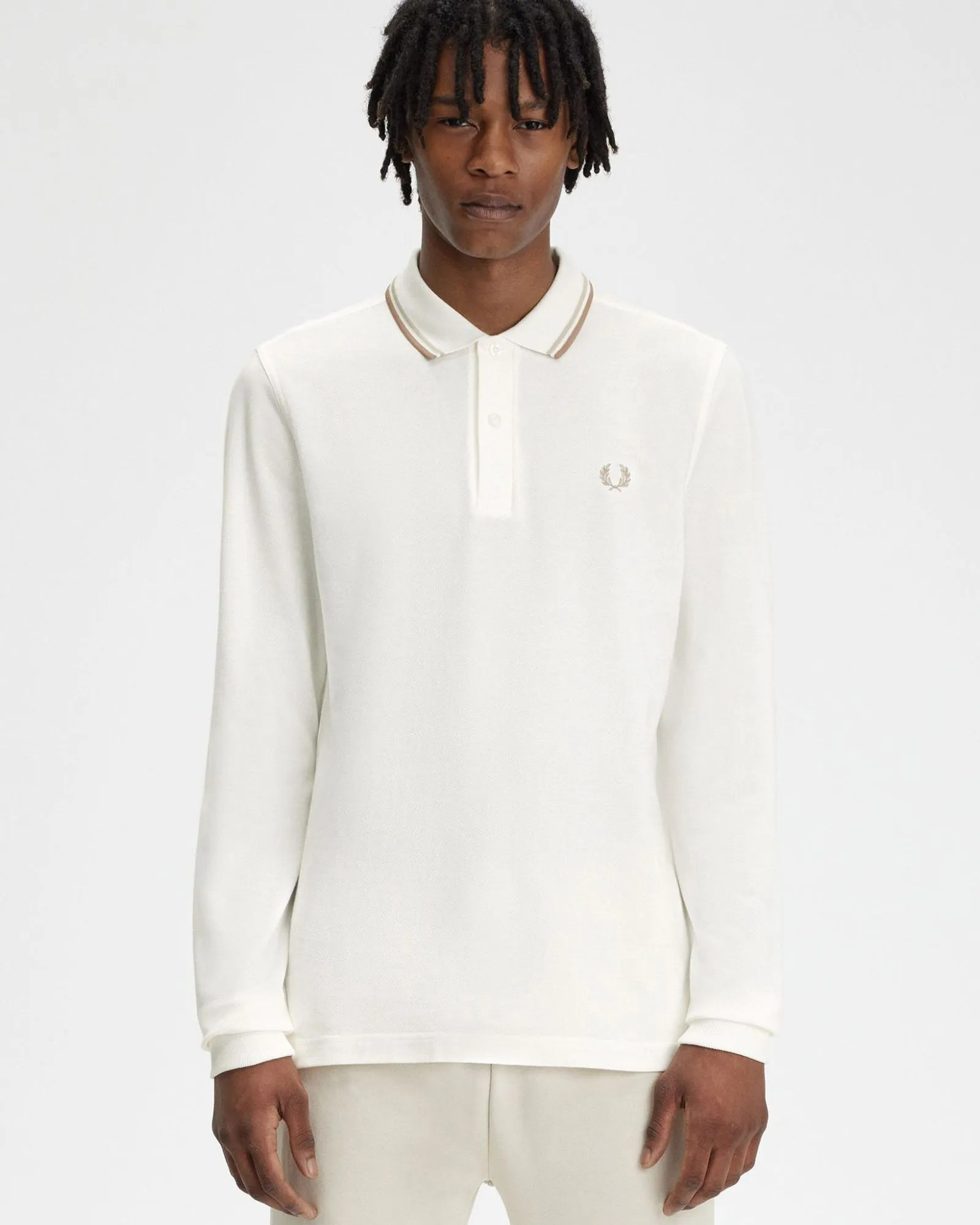 Fred Perry L/S Twin Tipped Polo Shirt - Snow White / Oatmeal / Warm Stone