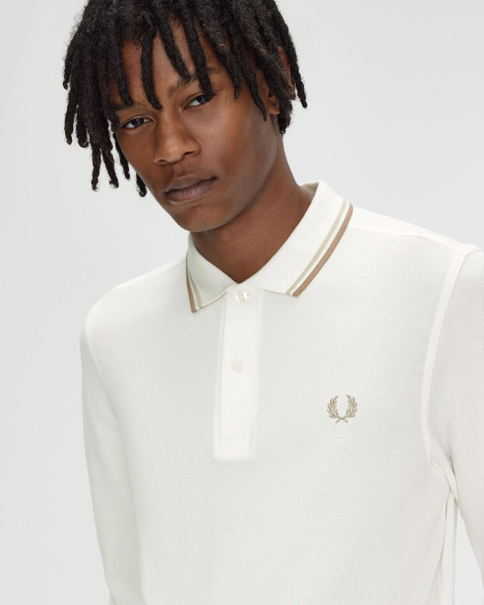 Fred Perry L/S Twin Tipped Polo Shirt - Snow White / Oatmeal / Warm Stone