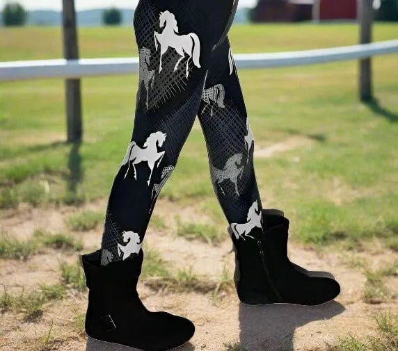 Girls Black Horse Leggings, Kids Yoga Pants, Sizes S/L, No-Roll Waist, Black/White