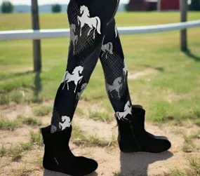 Girls Black Horse Leggings, Kids Yoga Pants, Sizes S/L, No-Roll Waist, Black/White