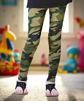 Girls Camouflage Leggings, Kids Yoga Pants, Sizes S/L, No-Roll Waist, Green