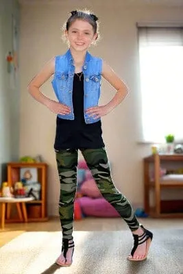 Girls Camouflage Leggings, Kids Yoga Pants, Sizes S/L, No-Roll Waist, Green