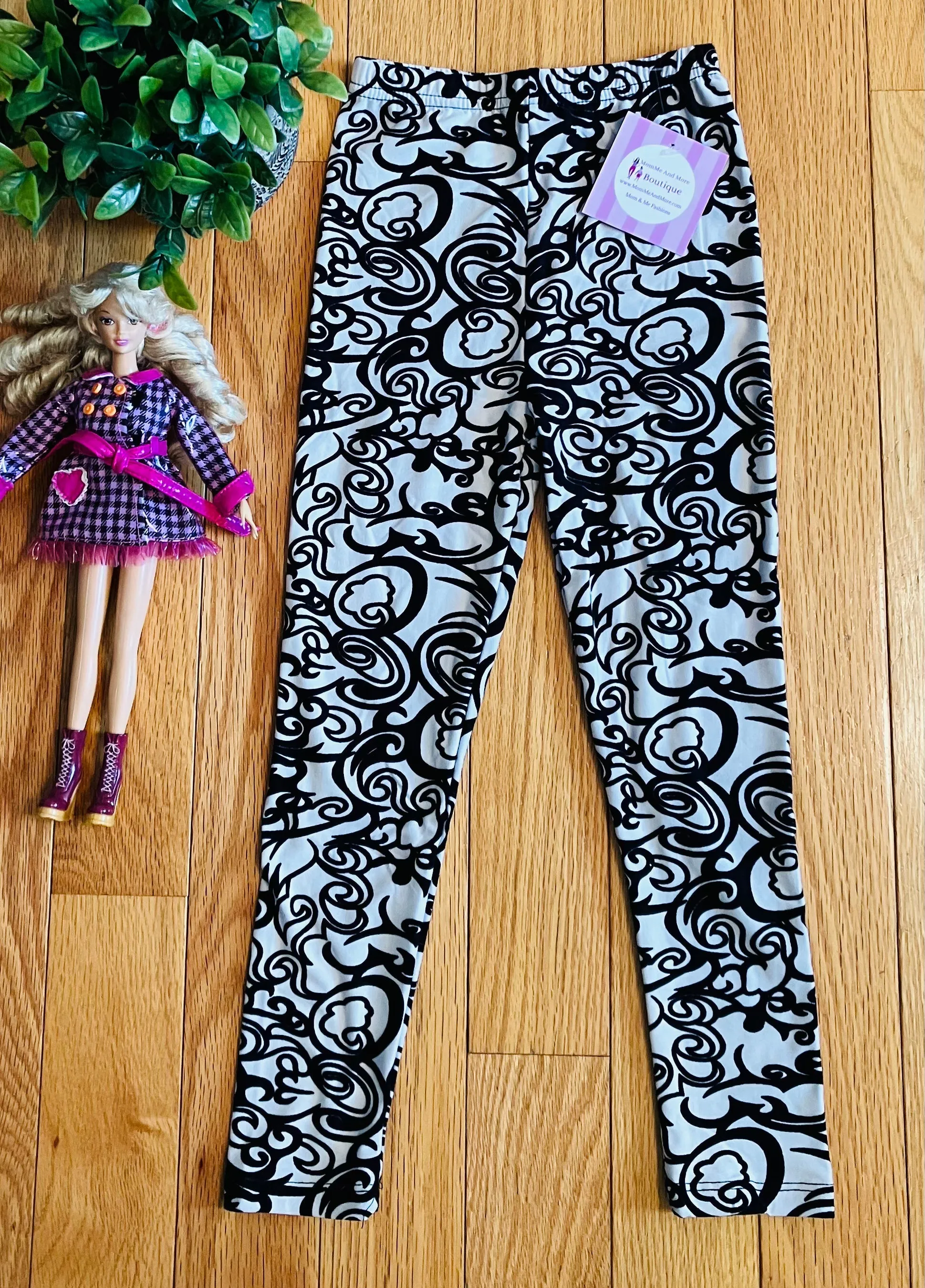 Girls Damask Leggings, Kids Yoga Pants, Sizes S/L, No-Roll Waist, Black/White