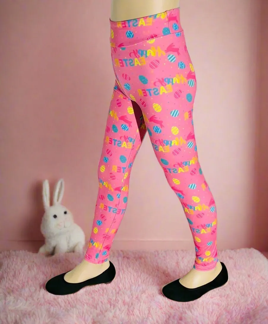 Girls Happy Easter Leggings, Kids Yoga Pants, Sizes S/L, Yoga Waist, Pink, Exclusive Leggings