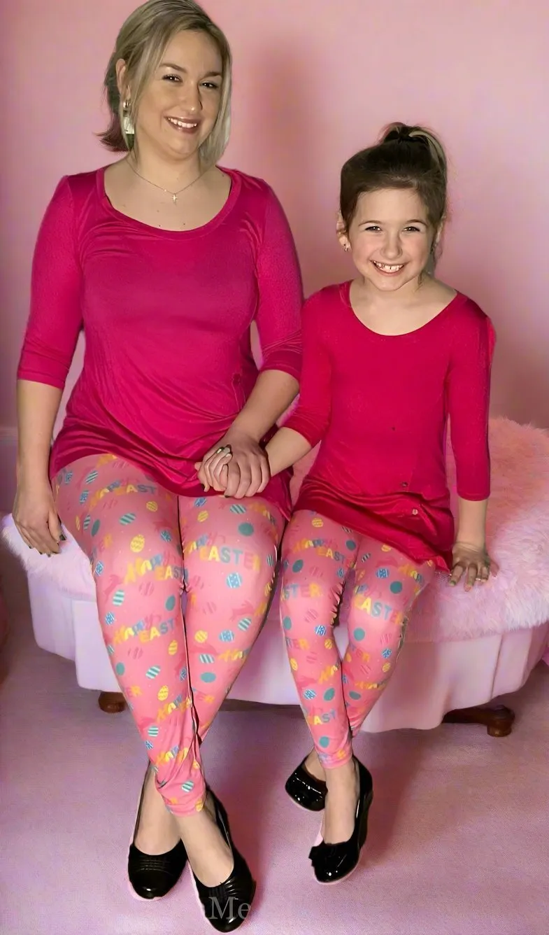 Girls Happy Easter Leggings, Kids Yoga Pants, Sizes S/L, Yoga Waist, Pink, Exclusive Leggings