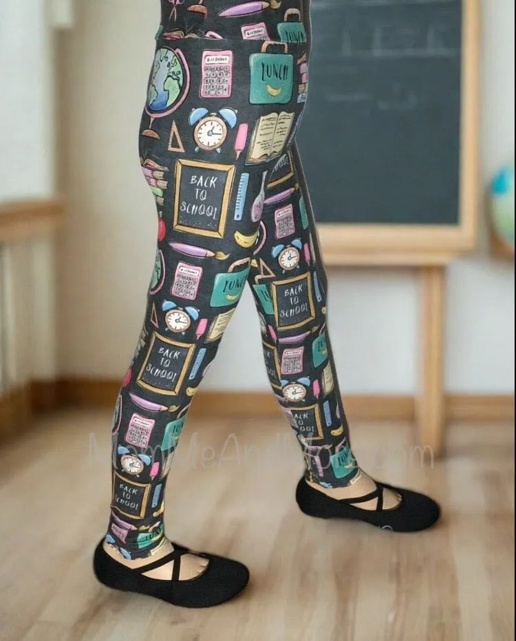 Girls School Themed Student Leggings, Back To School Leggings, Kids Yoga Pants, Sizes S/L, Yoga Waist, Multi Color, Exclusive Leggings