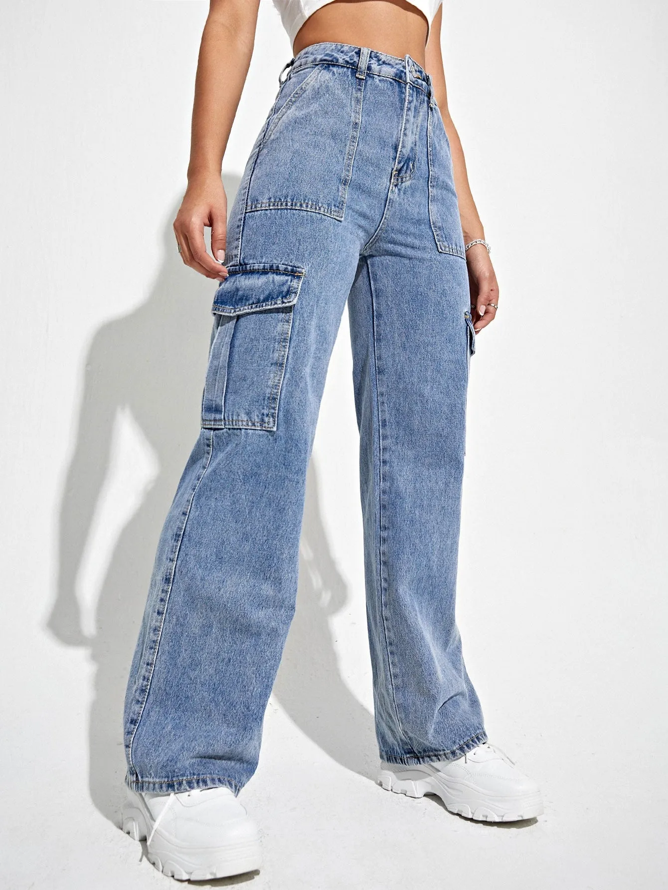 High Waist Flap Pocket Side Cargo Jeans