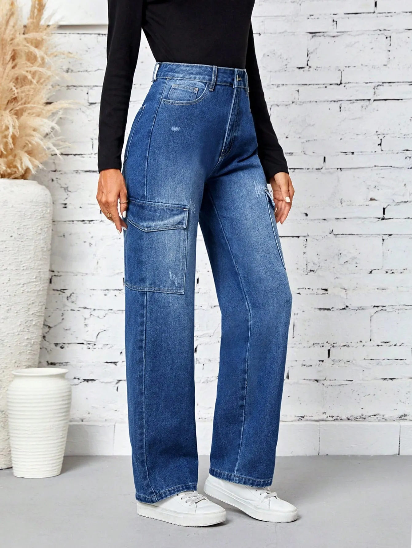 High Waist Flap Pocket Side Cargo Jeans