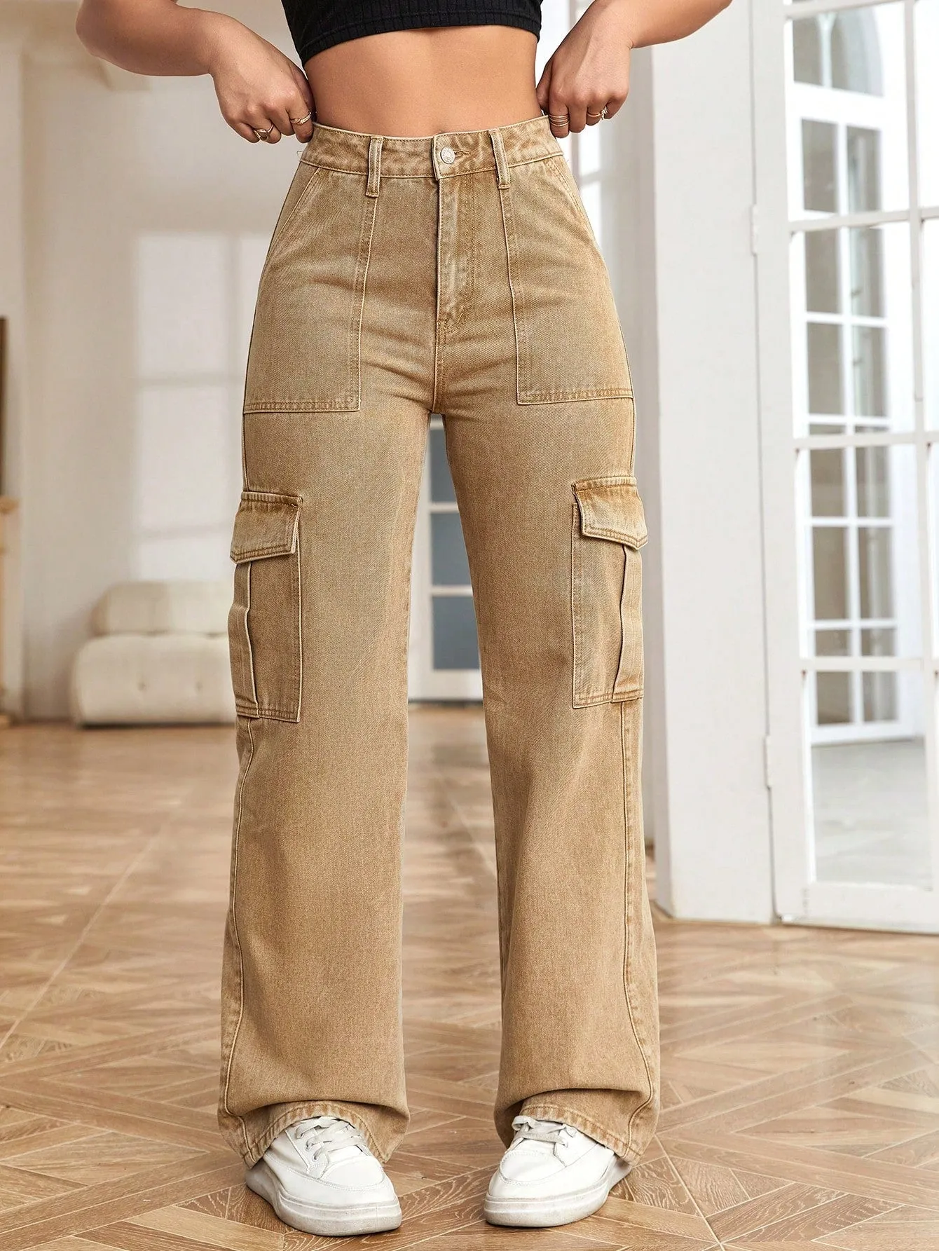 High Waist Flap Pocket Side Cargo Jeans