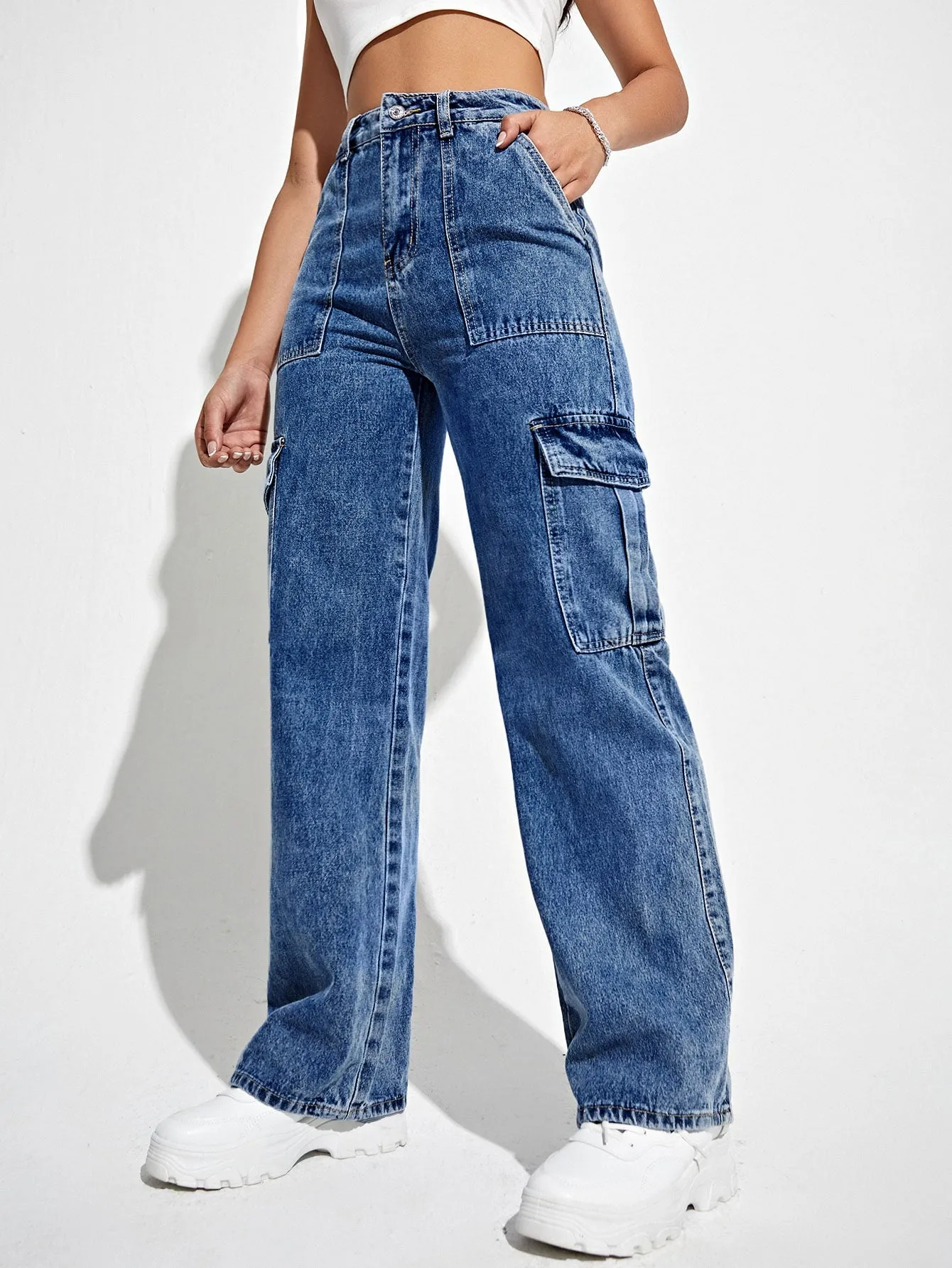 High Waist Flap Pocket Side Cargo Jeans