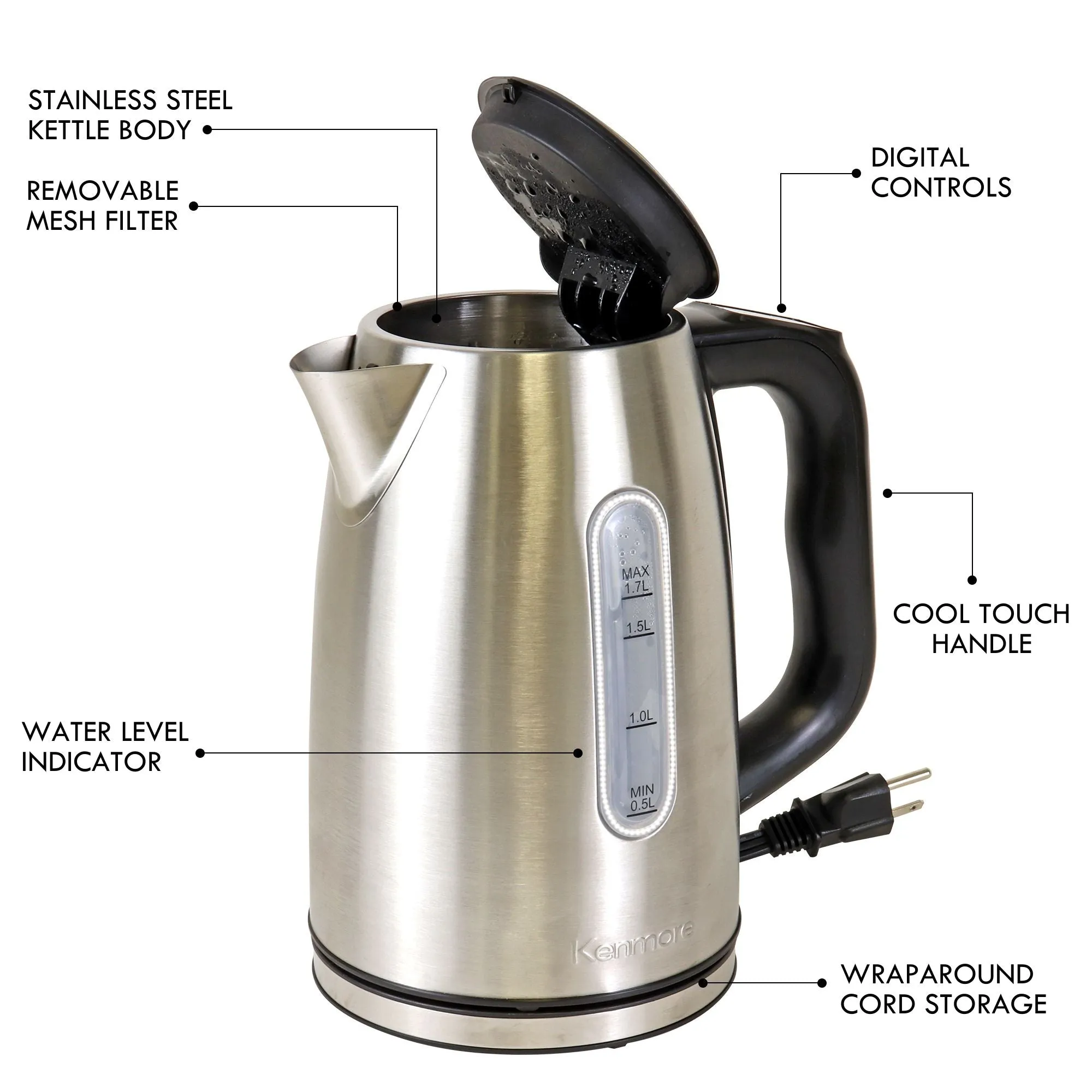 Kenmore 1.7L Cordless Electric Kettle w/ 6 Temperature Pre-Sets, Stainless Steel Teakettle w/ LED light, Auto Shut-Off, Keep Warm, Boil-Dry Protection, Silver