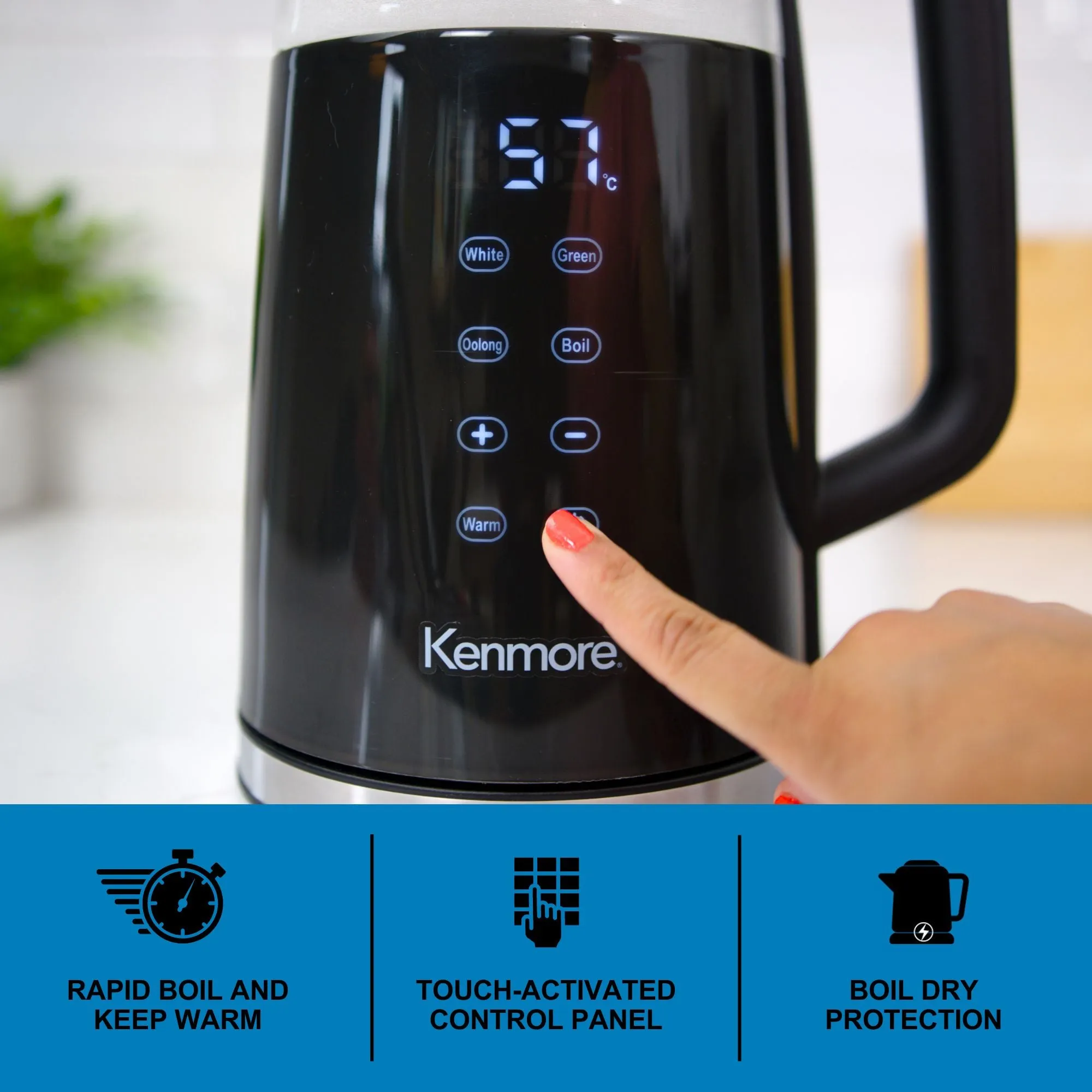 Kenmore Double-Walled Glass Electric Kettle 1.7L, Digital Programmable Tea-Kettle, 4 Temperature Pre-Sets, Touch-Activated Controls, Cordless Pouring, Cool-Touch Hot Water Boiler, Keep Warm, Black