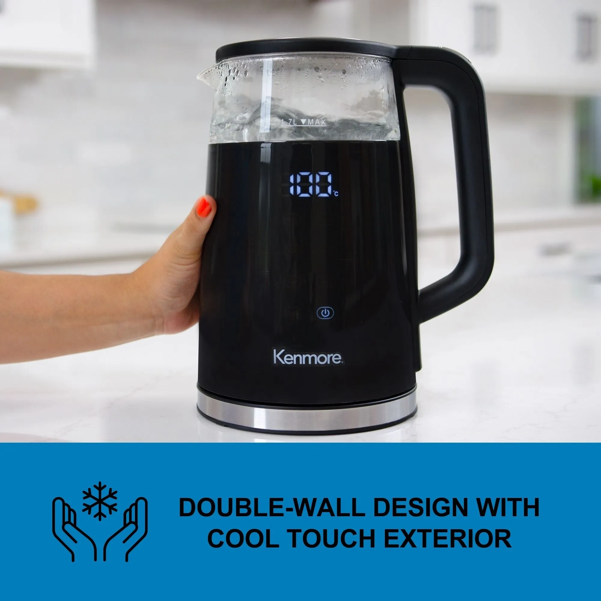 Kenmore Double-Walled Glass Electric Kettle 1.7L, Digital Programmable Tea-Kettle, 4 Temperature Pre-Sets, Touch-Activated Controls, Cordless Pouring, Cool-Touch Hot Water Boiler, Keep Warm, Black