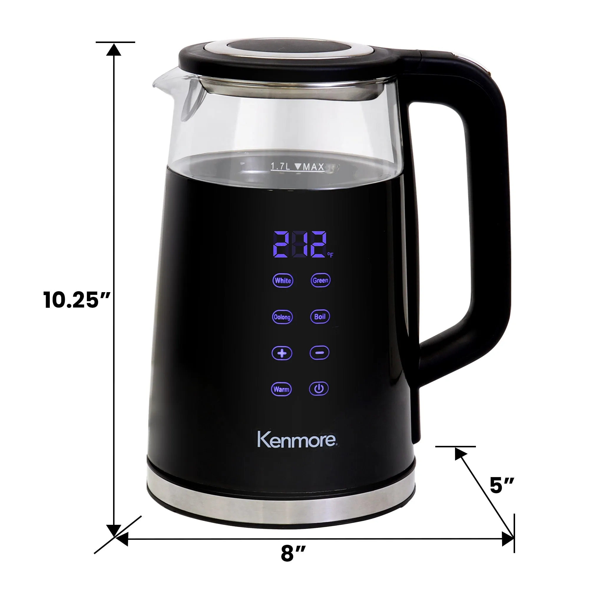 Kenmore Double-Walled Glass Electric Kettle 1.7L, Digital Programmable Tea-Kettle, 4 Temperature Pre-Sets, Touch-Activated Controls, Cordless Pouring, Cool-Touch Hot Water Boiler, Keep Warm, Black