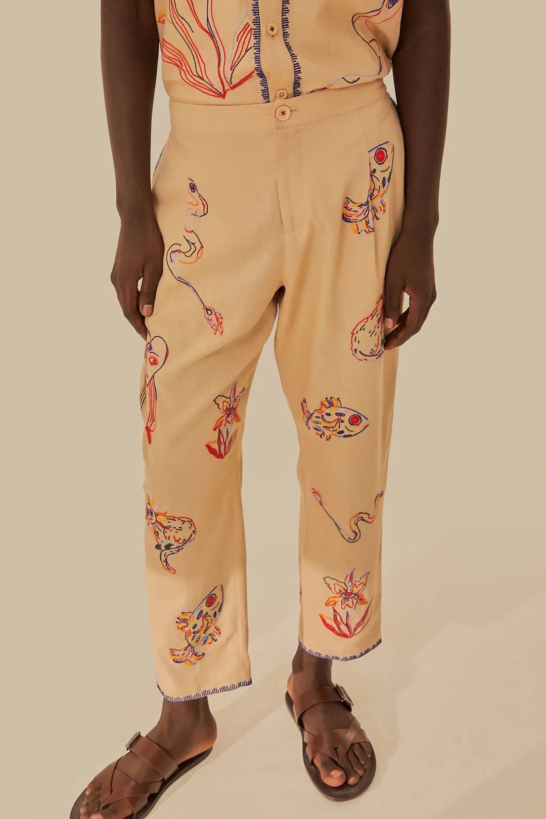 Khaki Embroidered Pants