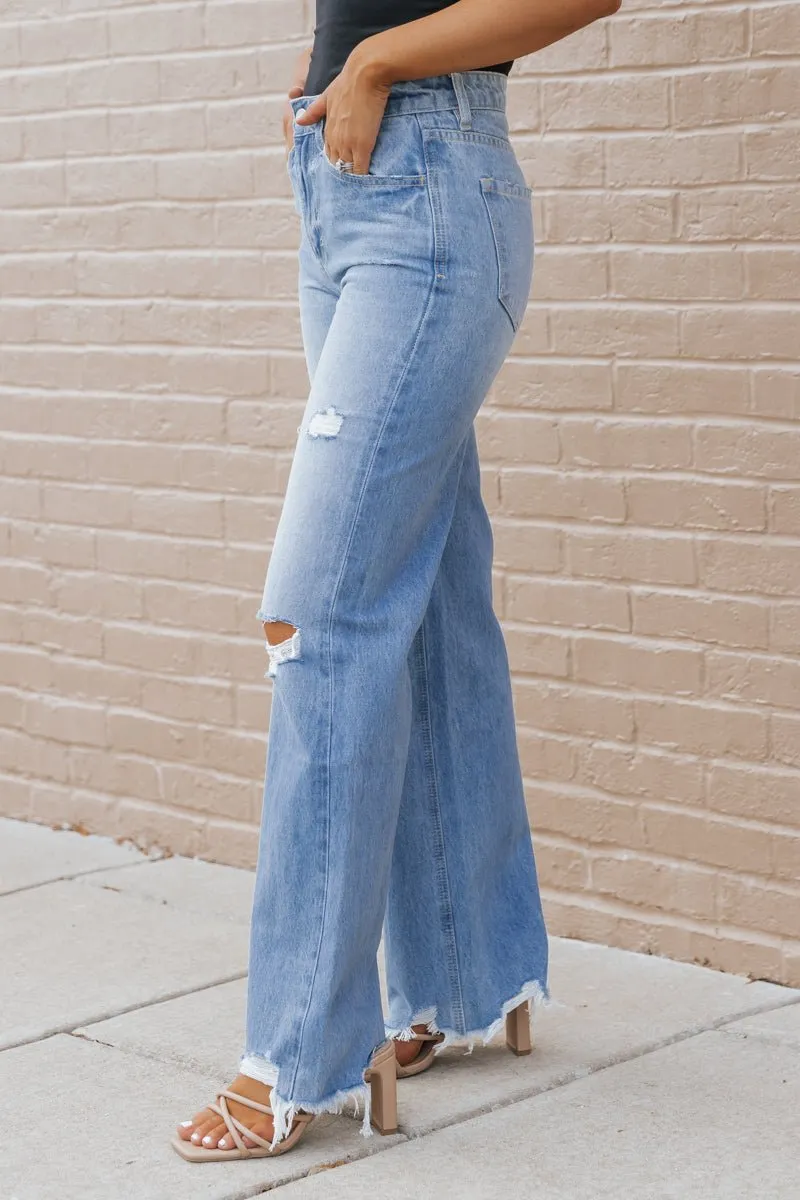 Medium Wash Destroyed Wide Leg Jeans