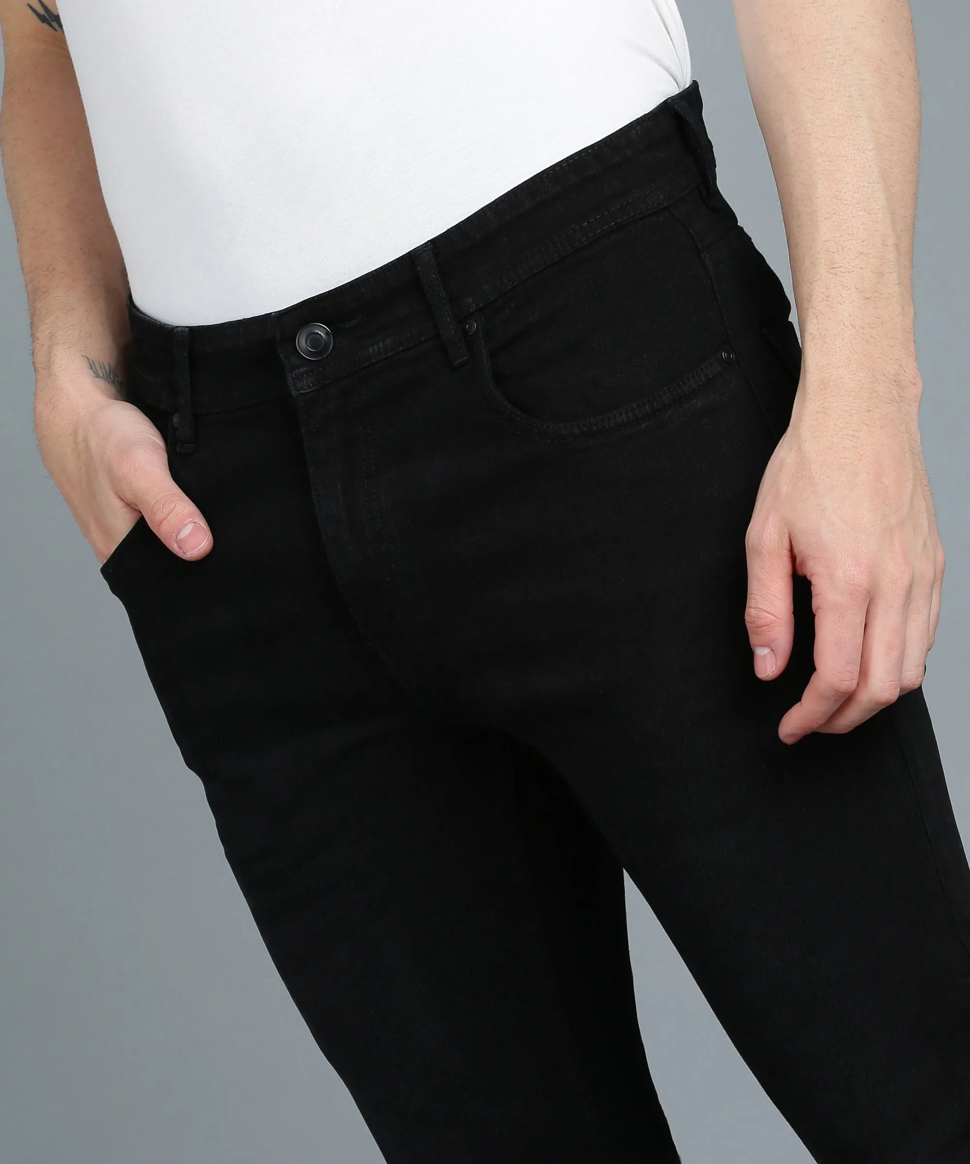 Men's Black Regular Fit Washed Jeans Stretchable