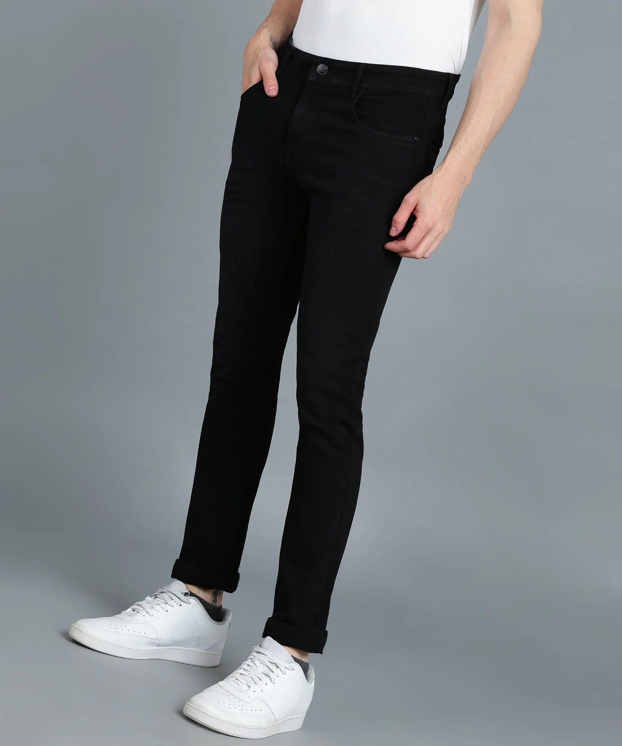 Men's Black Regular Fit Washed Jeans Stretchable