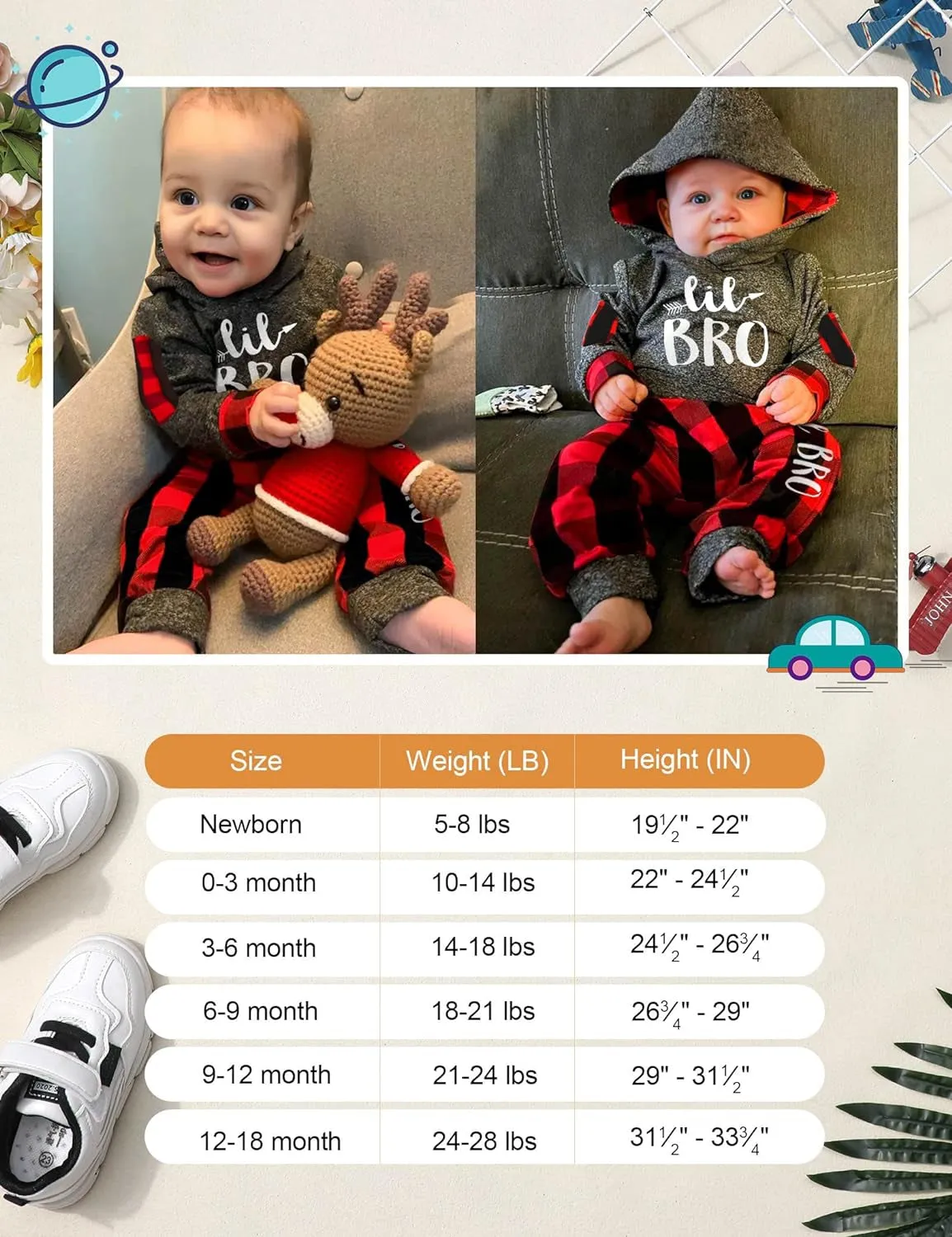 Newborn Baby Boy  Plaid Letter Print Long Sleeve Hoodies   Long Pants 2PCS Fall Winter Outfits Set