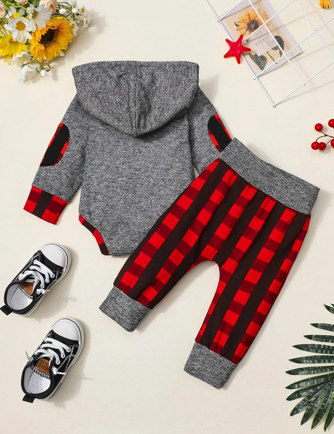 Newborn Baby Boy  Plaid Letter Print Long Sleeve Hoodies   Long Pants 2PCS Fall Winter Outfits Set