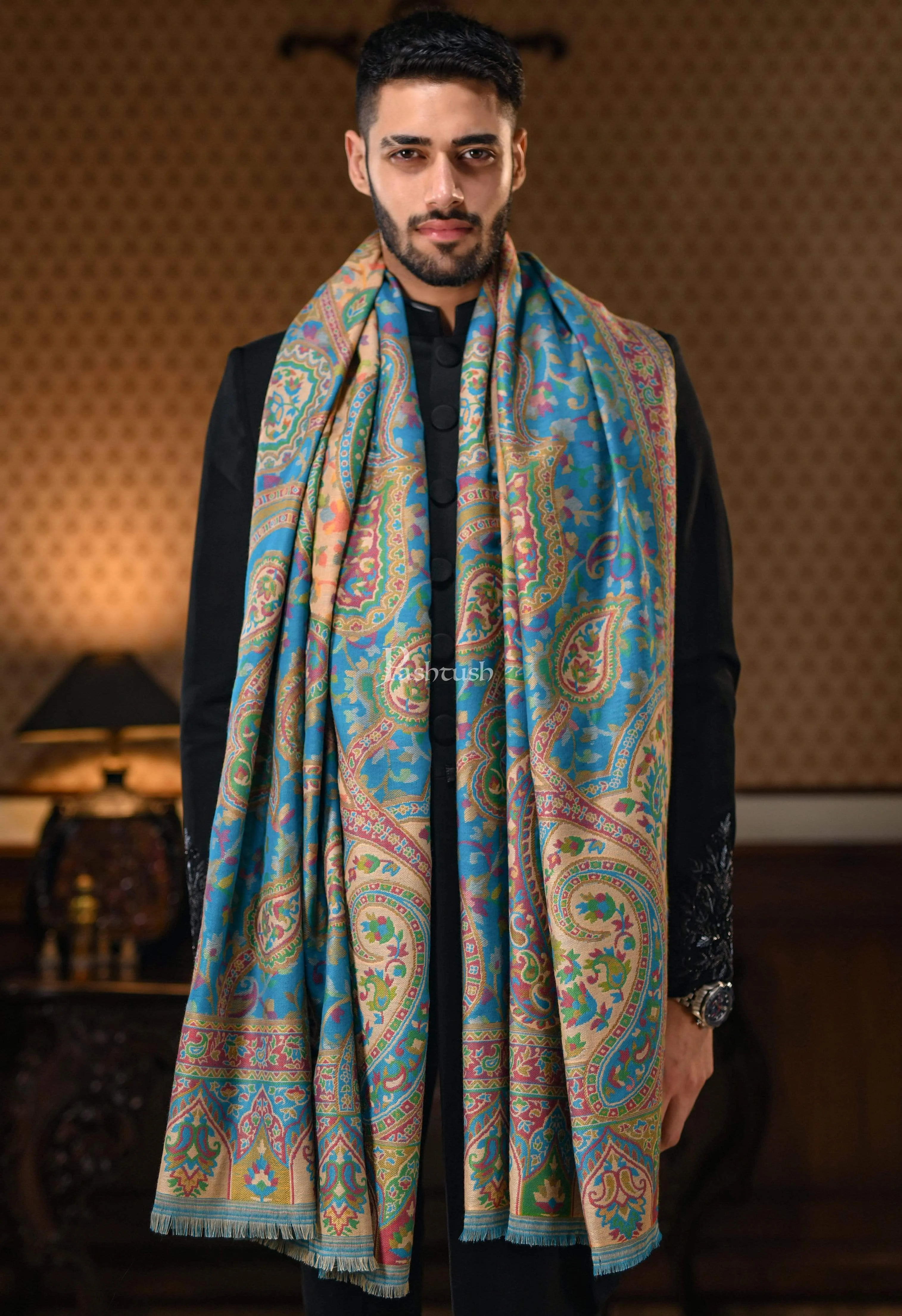 Pashtush Mens Ethnic Stole, Faux Pashmina, Soft And Warm, Arabian Blue