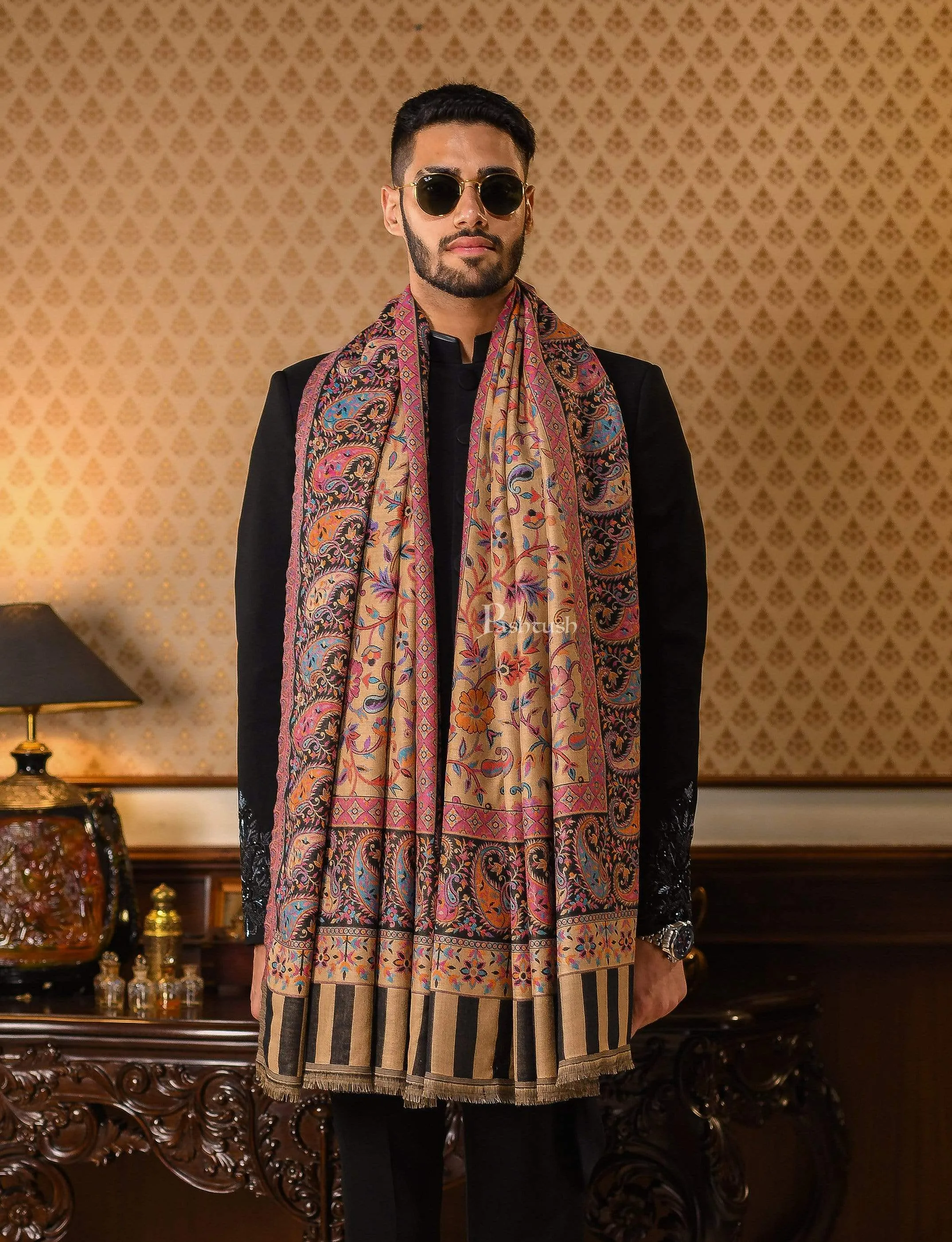 Pashtush Mens Ethnic Stole, Faux Pashmina, Soft And Warm, Beige