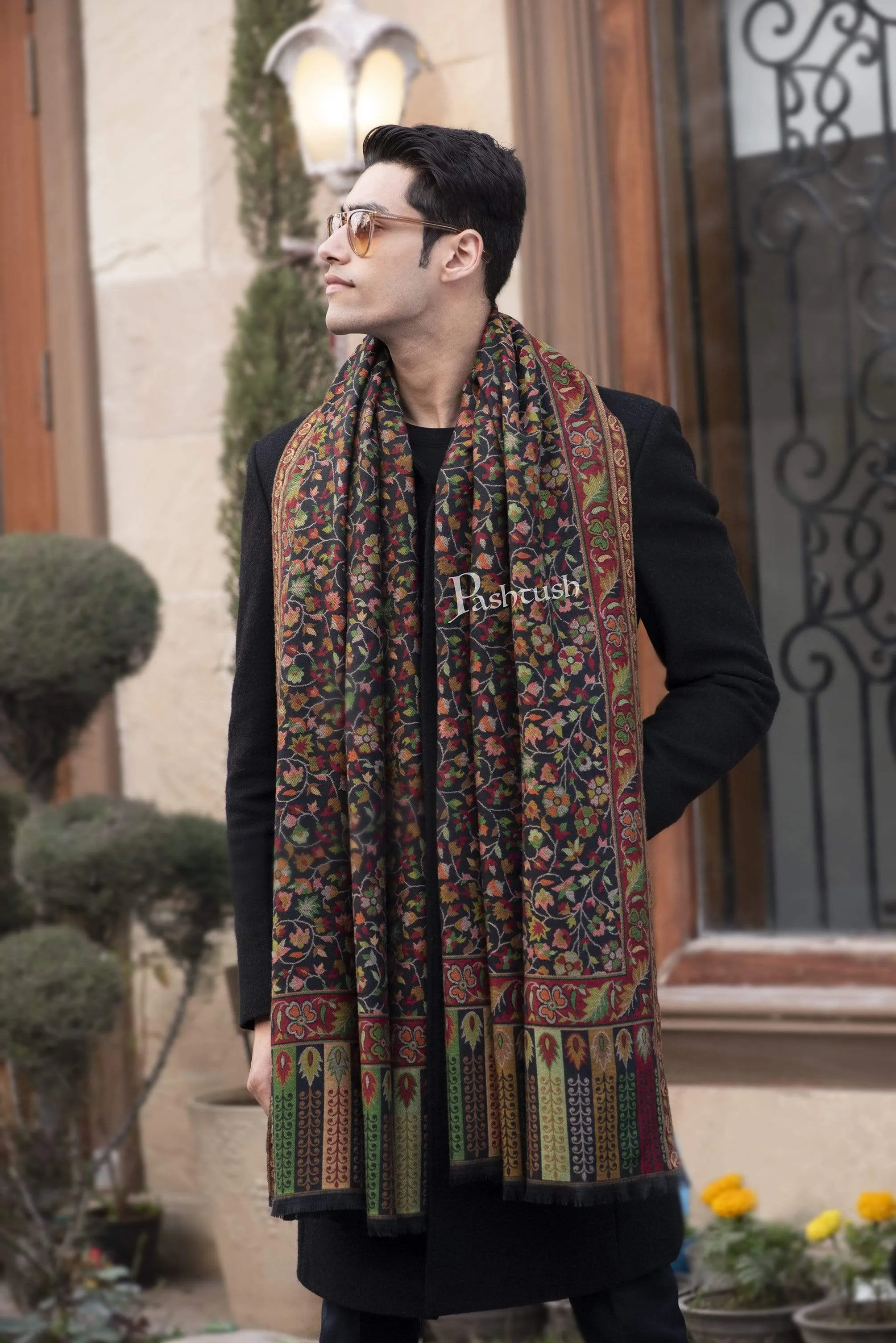 Pashtush Mens Ethnic Stole, Faux Pashmina, Soft And Warm, Black