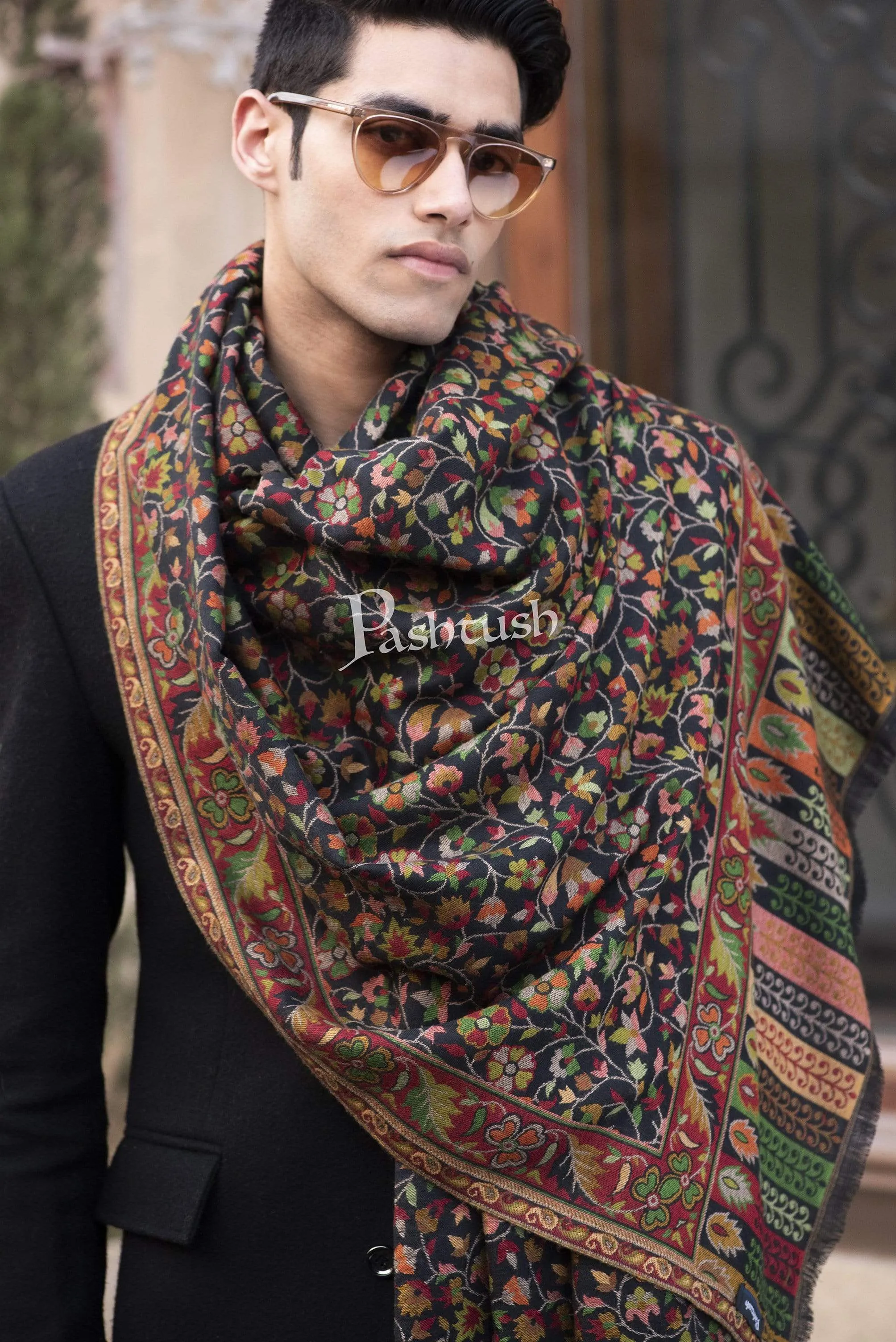 Pashtush Mens Ethnic Stole, Faux Pashmina, Soft And Warm, Black