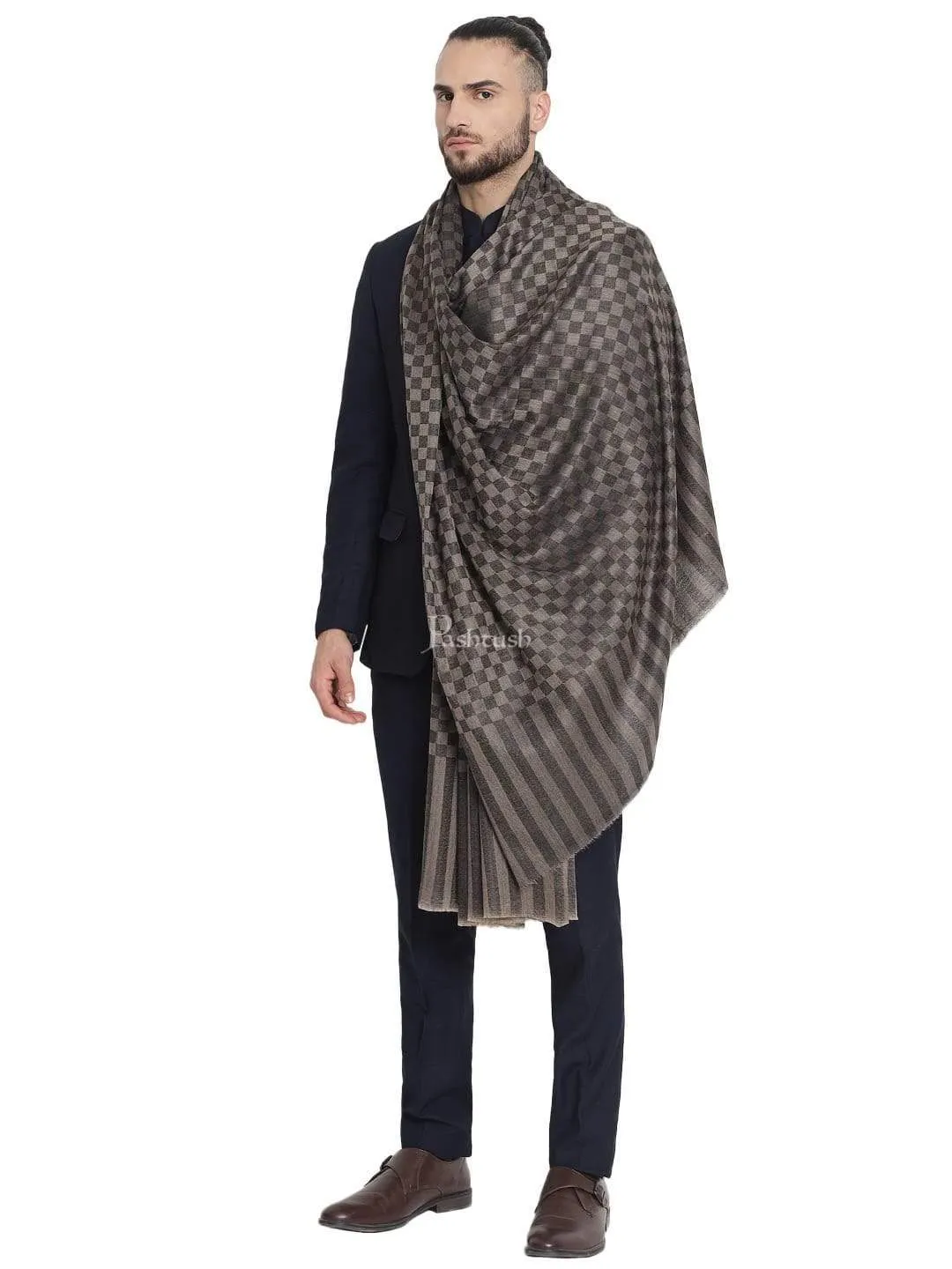 Pashtush Mens Extra Fine Wool Shawl, Soft And Warm, Black, Chess Checks.