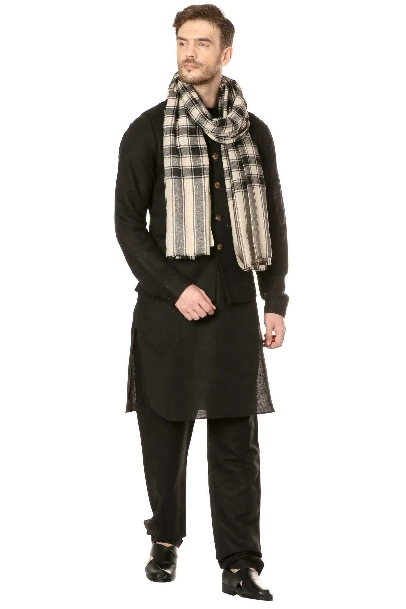 Pashtush Mens Fine Wool Checkered Stole, Extra Soft And Warm - Black And Beige