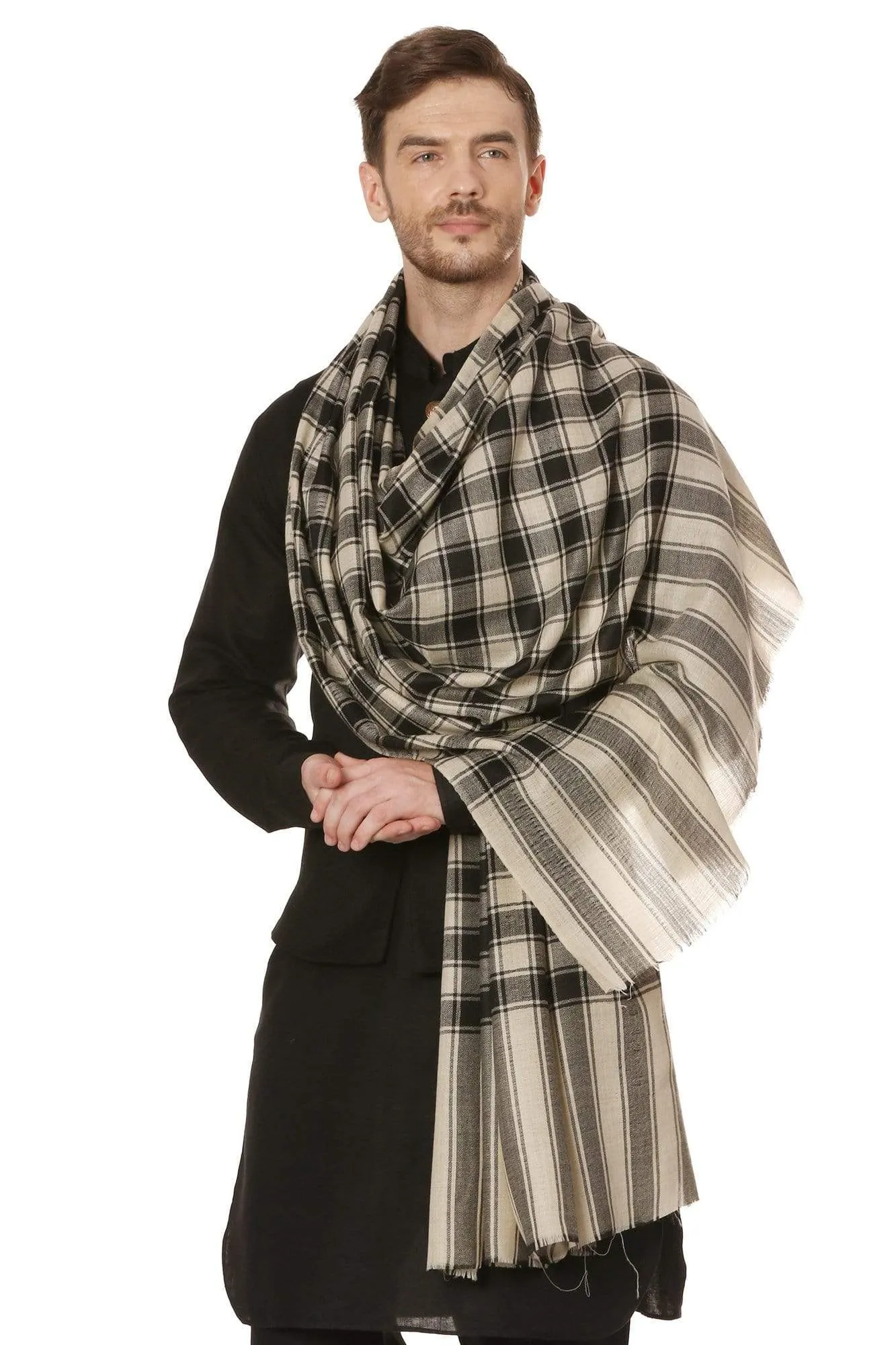 Pashtush Mens Fine Wool Checkered Stole, Extra Soft And Warm - Black And Beige