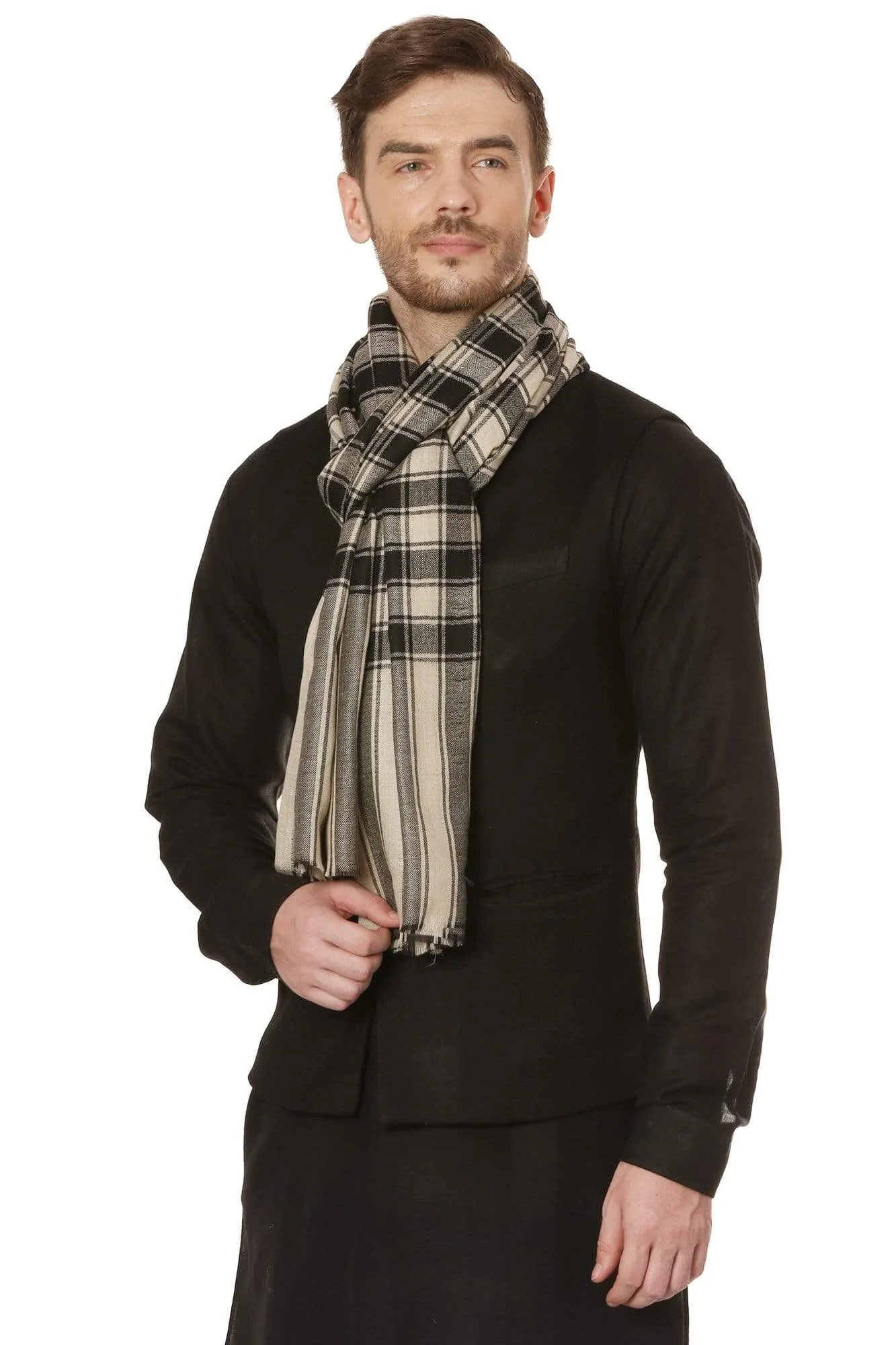 Pashtush Mens Fine Wool Checkered Stole, Extra Soft And Warm - Black And Beige