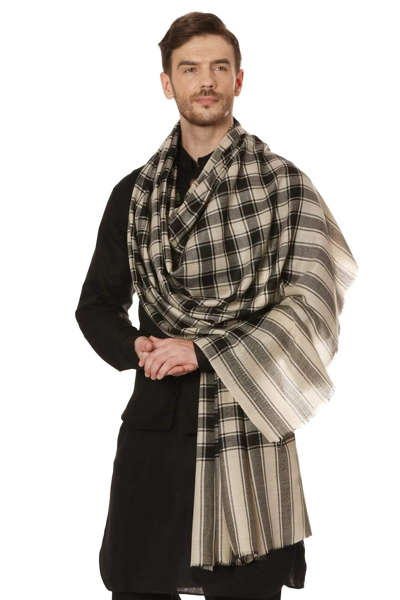 Pashtush Mens Fine Wool Checkered Stole, Extra Soft And Warm - Black And Beige