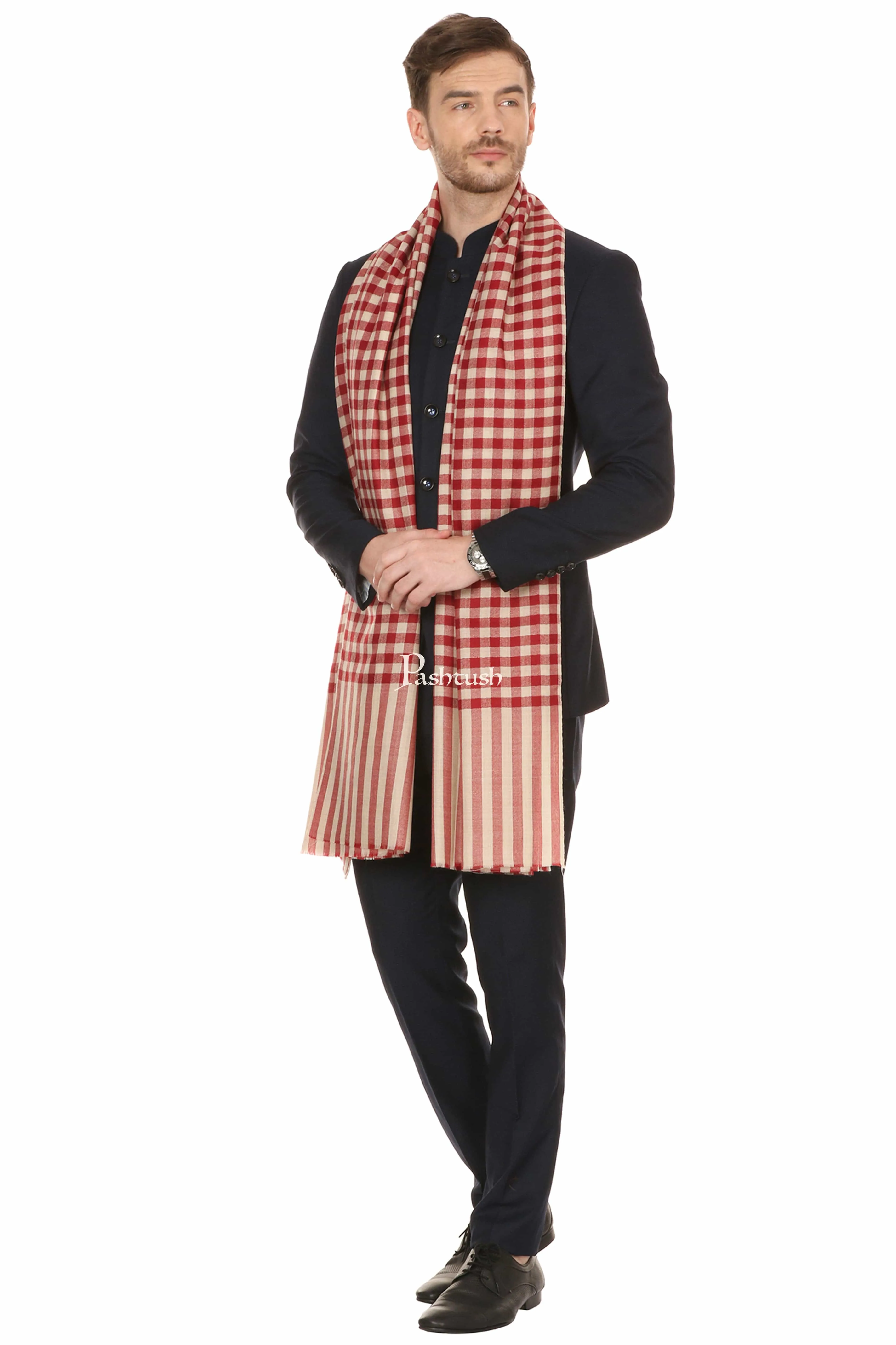 Pashtush Mens Fine Wool Checkered Stole, Extra Soft And Warm - Maroon