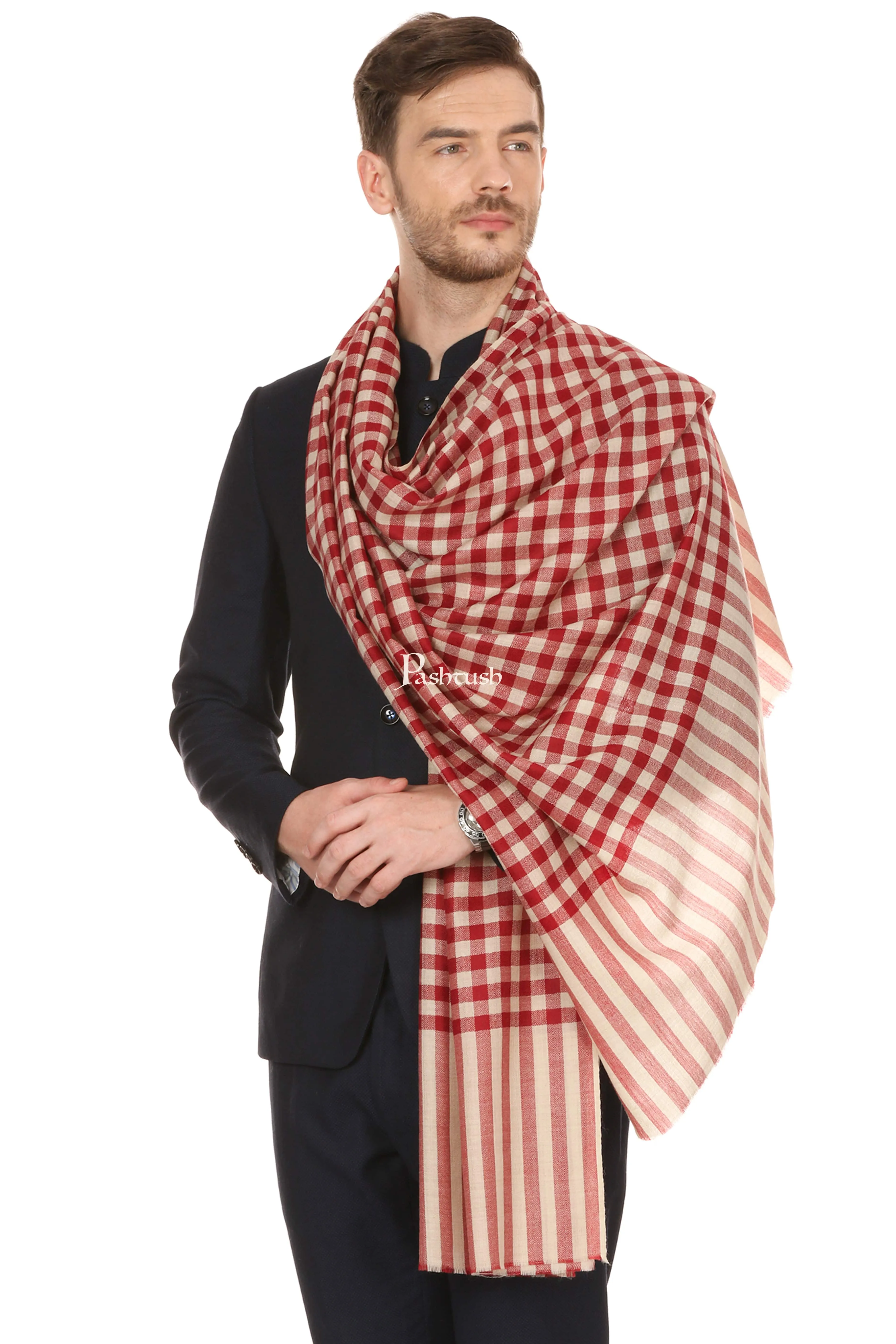 Pashtush Mens Fine Wool Checkered Stole, Extra Soft And Warm - Maroon